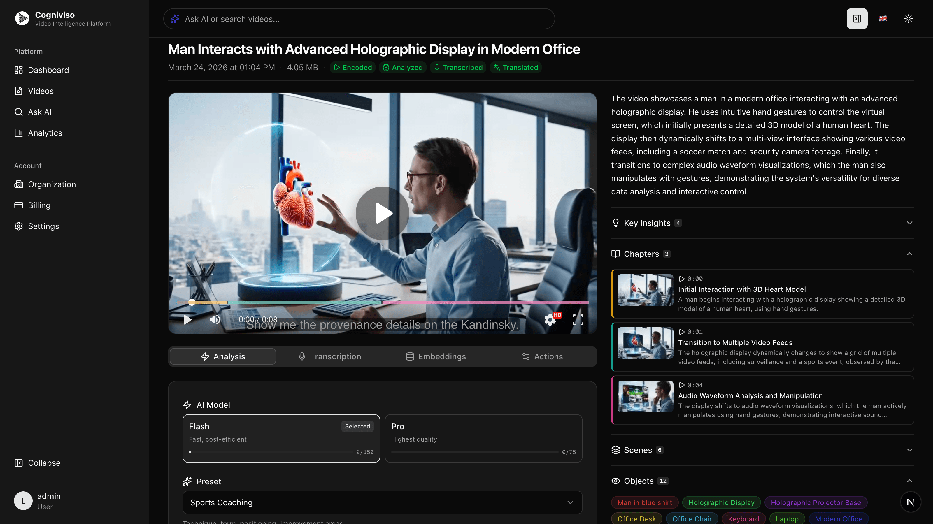 Cogniviso dashboard showing video library, upload area, and real-time processing status